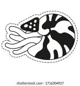 Sticker sea clam Nautilus Pompilius in cartoon style. A stylized black-and-white image isolated on a white background for use as a design element for children's products, prints, and stickers.