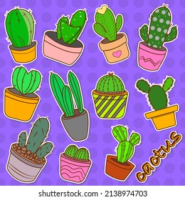 Sticker set of 11 cactus plants, various species in the charcoal.  Doodle vector illustration