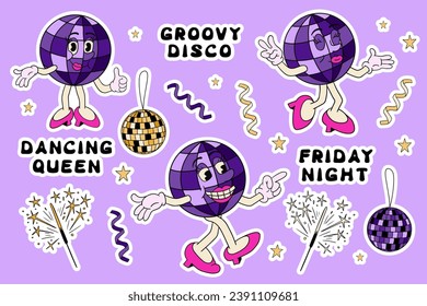 Sticker set in 90s style with disco ball character. Vintage funny cartoon character, disco party related items, groovy hand drawn lettering. Perfect for printout, stickers, prints