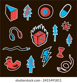 sticker set abstract subcultural objects sign in vector in flat style. element for design, logo, sticker, poster, print