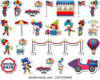 Sticker set of amusement park and fun fair objects illustration