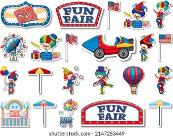 Sticker set of amusement park and fun fair objects illustration