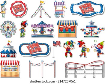 Sticker set of amusement park and fun fair objects illustration