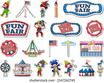 Sticker set of amusement park and fun fair objects illustration