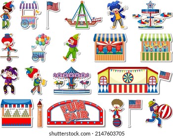 Sticker set of amusement park and fun fair objects illustration