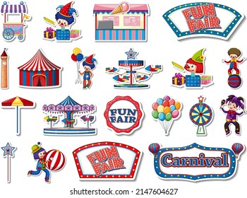 Sticker set of amusement park and fun fair objects illustration