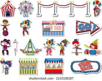 Sticker set of amusement park and fun fair objects illustration