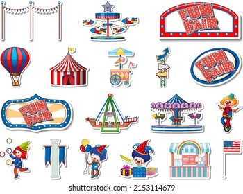 Sticker set of amusement park and fun fair objects illustration