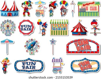 Sticker set of amusement park and fun fair objects illustration