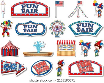 Sticker set of amusement park and fun fair objects illustration