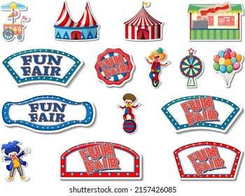 Sticker set of amusement park and fun fair objects illustration