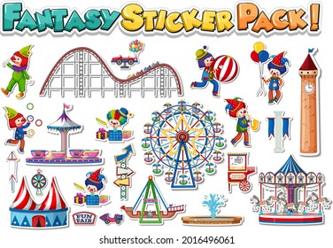 Sticker set with amusement park and funfair objects illustration