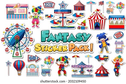 Sticker set with amusement park and funfair objects illustration
