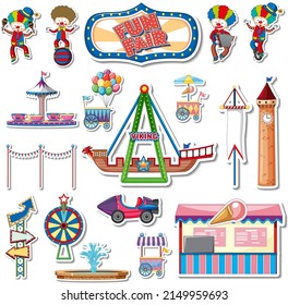 Sticker set of amusement park objects and cartoon characters illustration