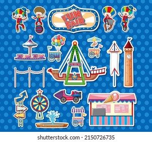 Sticker set of amusement park objects and cartoon characters illustration