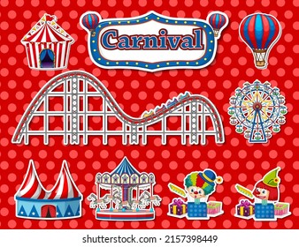 Sticker set of amusement park objects and cartoon characters illustration