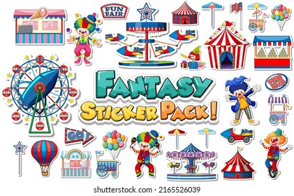 Sticker set of amusement park objects and cartoon characters illustration