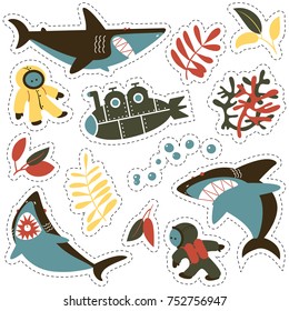 Sticker set with angry sharks, cute divers and submarine. Vector collection with marine wildlife icons. 