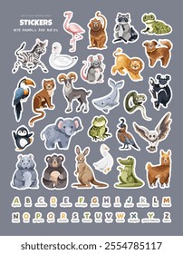 Sticker set of animals, birds and english alphabet letters, colorful creatures from A to Z on dark blue background