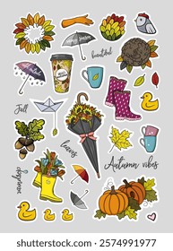 Sticker set of autumn cozy supplies, colorful leaves, and seasonal decorations capturing the essence of fall, vector illustrations on a grey background