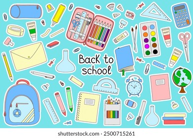 Sticker set with Back to school elements, doodle style vector