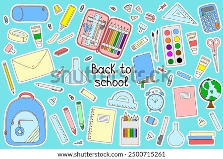 Sticker set with Back to school elements, doodle style vector