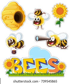 Sticker set for bees and hive illustration