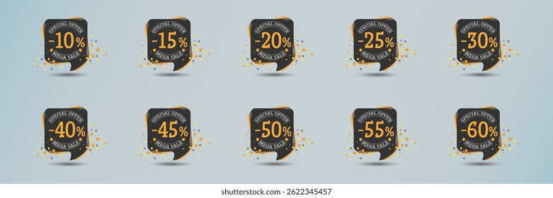 Sticker set, big sale and discounts. Stickers of offers and percentages.