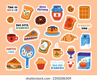 Sticker set of breakfast concept. Cute hand drawn pictures and phrases for diary or planner decorating. Flat vector illustration.