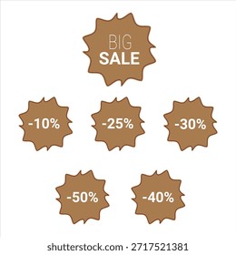 Adesivo definido. Rótulo Brown. Emblemas isolados. Grande venda -10 -25 -30 -40 -50%.Vetor.
