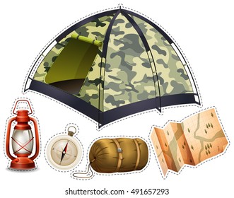 Sticker set with camping equipment illustration