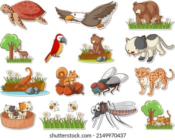 Sticker set of cartoon wild animals illustration