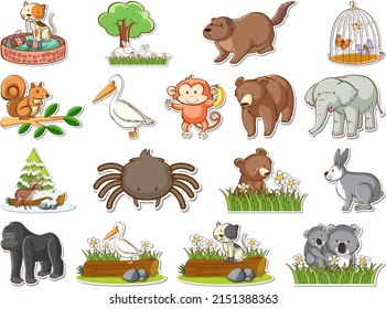 Juego de etiquetas de dibujos animados de animales salvajes