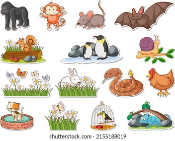 Sticker set of cartoon wild animals illustration