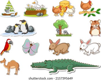 Sticker set of cartoon wild animals illustration