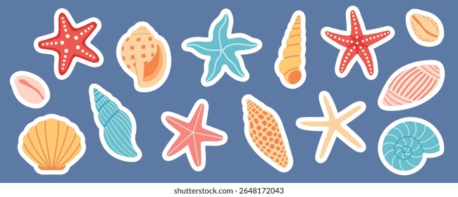 Sticker set of cartoon-style beach seashells and starfish in bright colors, isolated on blue background. For scrapbooking, summer, marine, vacation, beach, card, sea, ocean design design. Flat vector.