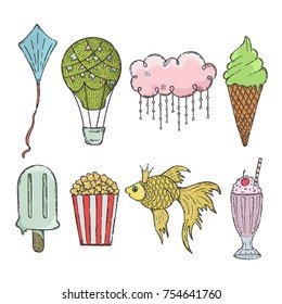 Sticker set for child. Vector hand drawn illustration. The idea for a  poster, postcard, t-shirt.
