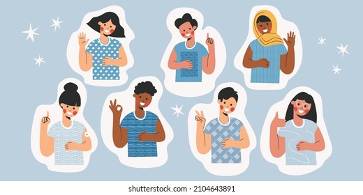 Sticker set of children boys and girls showing hi hello bye gesture. Collection of kids waving greeting. Portrait of diverse kids with goodbye or welcome hands. Flat vector cartoon illustration