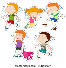 Sticker set of children crying  illustration