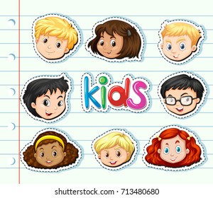 Sticker set with children faces illustration