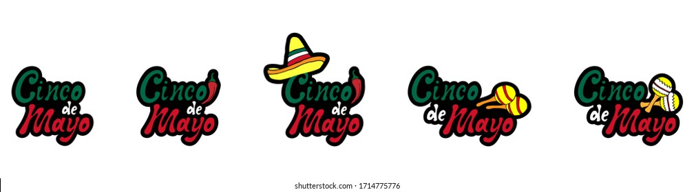 Sticker set Cinco de mayo handwritten lettering phrase design in colors mexican flag (red, white, green) with hand draw colorful cartoon doodles sombrero, maracas, pepper. Vector stock illustration.