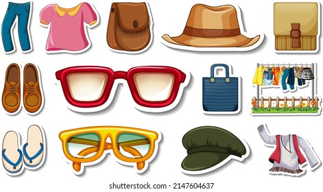Juego de etiquetas de la ilustración de ropa y accesorios