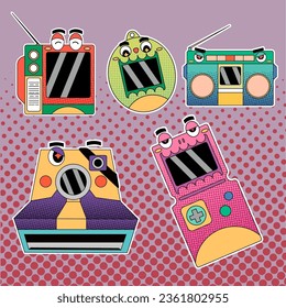 Sticker set and collection of electronic devices and digital toys that were famous in the 90s like television,radio,camera,game console and others with retro colors and halftone effect