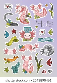 Sticker set of colorful collection of adorable pink axolotls and fishes with different expressions with elements like seaweeds, sea stars and hearts on gradient background