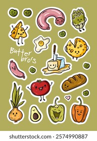 Sticker set of colorful and funny food on a green background