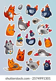 Sticker set of colorful and humorous characters depicting foxes and chickens, some interacting with food like eggs and drumsticks on gradient blue background, vector illustration