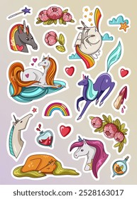 Sticker set of colorful and playful unicorns with different expressions and elements like rainbows and hearts on pastel background