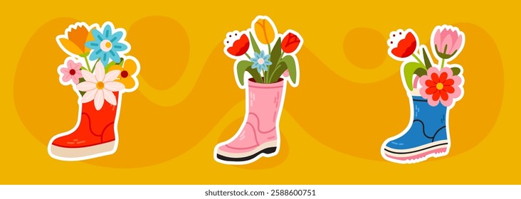 A sticker set of colorful rubber boots filled with spring flowers. A cheerful illustration for scrapbooking, greeting cards, and seasonal decorations.