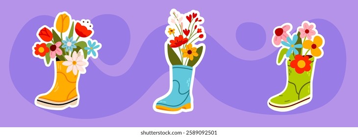 A sticker set of colorful rubber boots filled with spring flowers. A cheerful illustration for scrapbooking, greeting cards, and seasonal decorations.