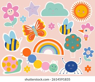 Sticker set, colorful summer illustrations of animals beetles caterpillars and flowers, children's stickers pictures for wallpaper, stickers, cute animals, children's illustrations for cards, books an